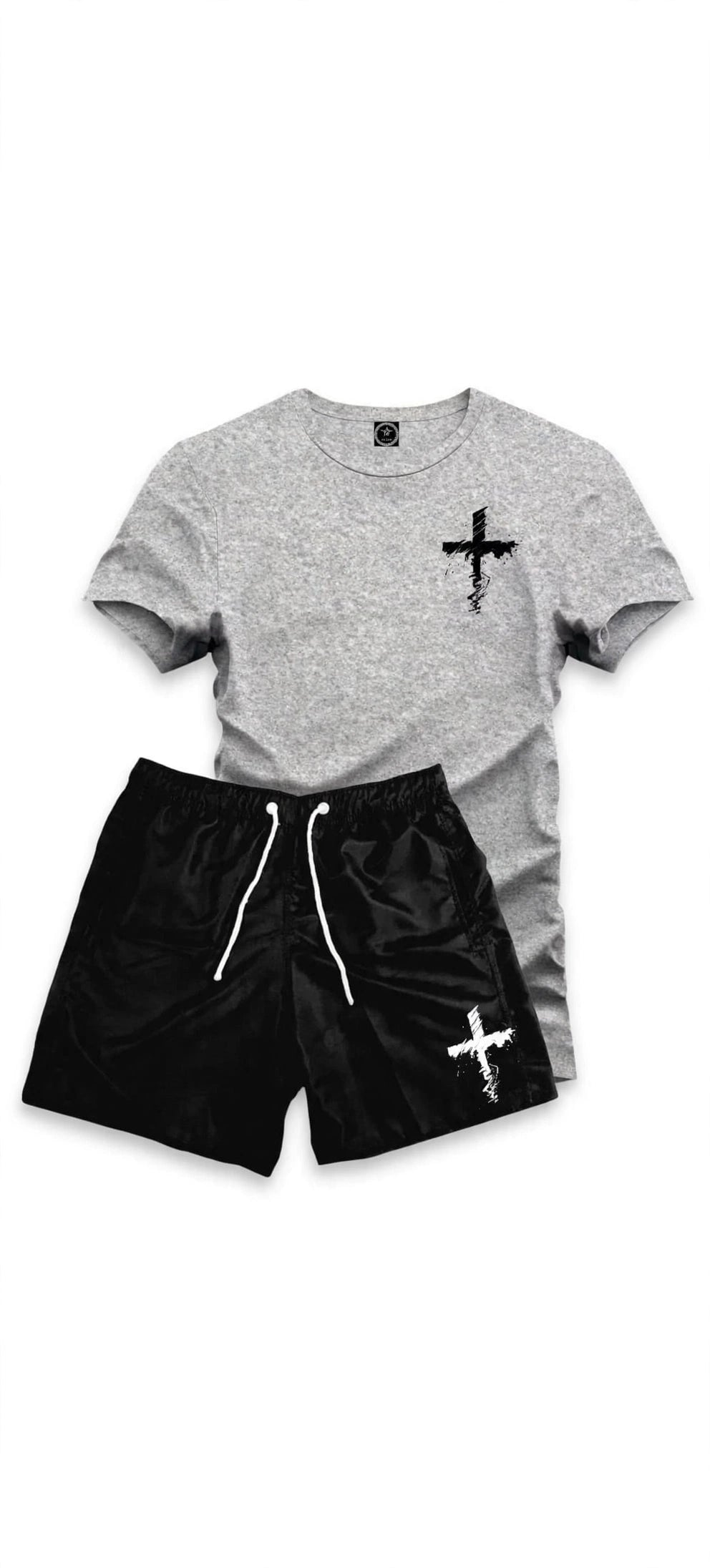 Kit Conjunto Camiseta Cruz Riscada Algodão+Bermuda Tactel Preto  Do P ao GG