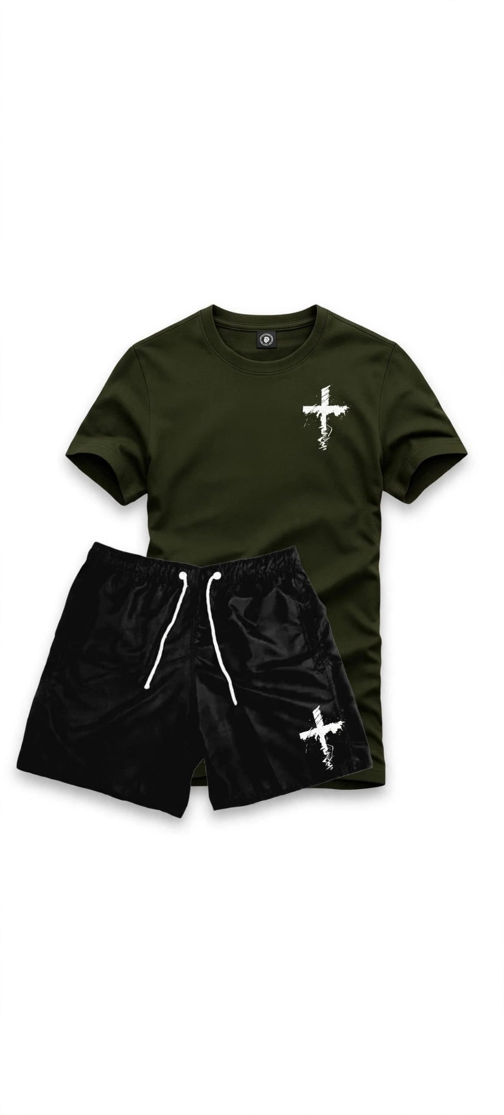 Kit Conjunto Camiseta Cruz Riscada Algodão+Bermuda Tactel Preto  Do P ao GG