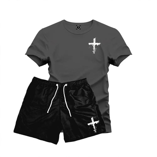 Kit Conjunto Camiseta Cruz Riscada Algodão+Bermuda Tactel Preto  Do P ao GG