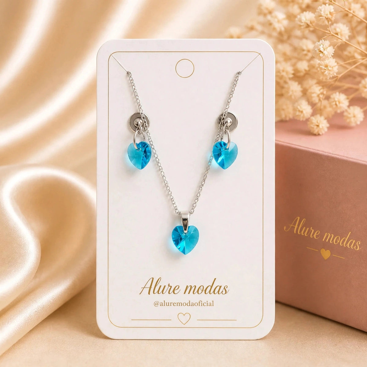 Conjunto Colar e Brincos Coração Verde Feminino