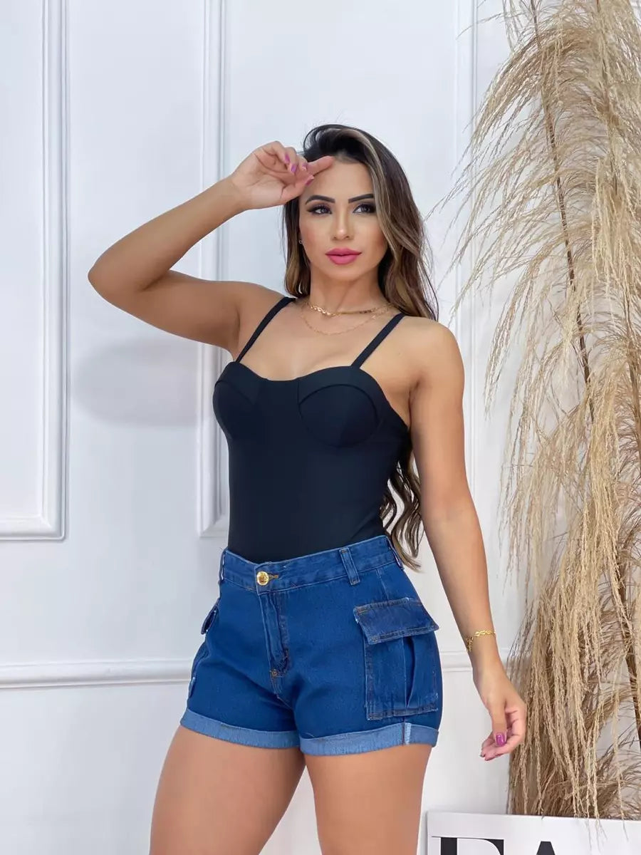 Short Jeans Cargo Feminino Cintura Alta
